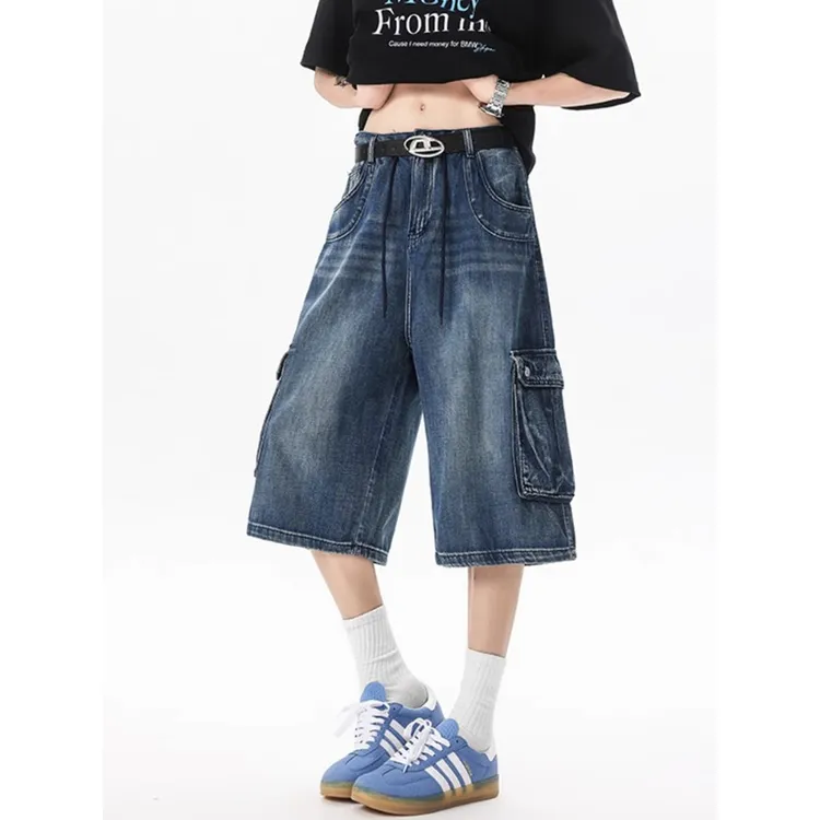 美式七分裤欧美风夏季水洗宽松多口袋牛仔短裤男女做旧街头中裤潮