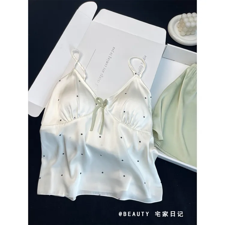 日系少女波点带胸垫冰丝吊带睡衣女夏季抹茶绿色短裤家居服套装女