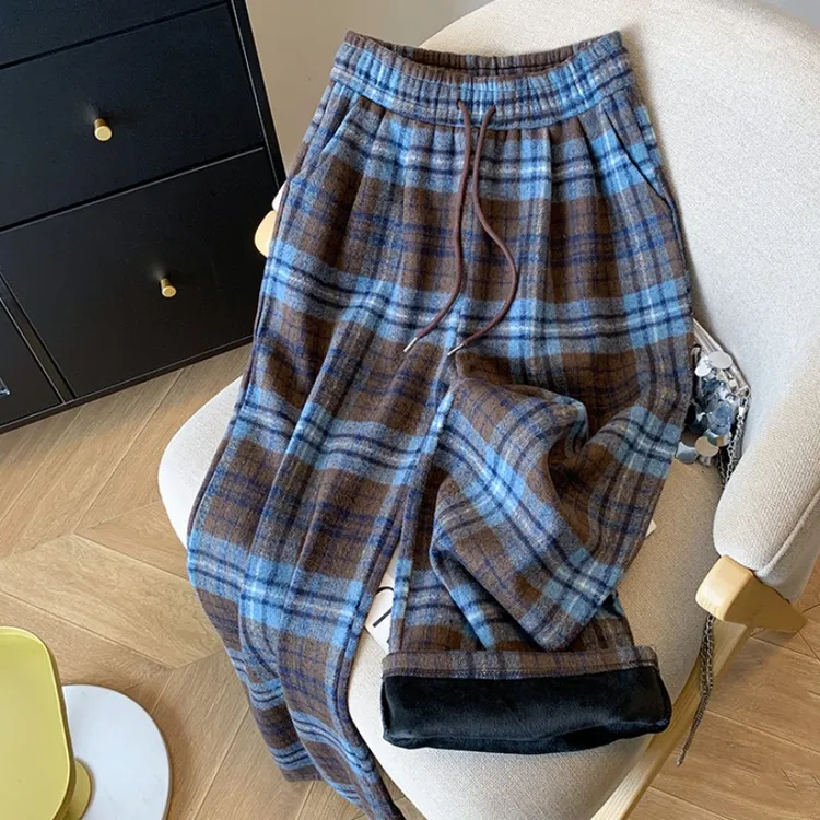 复古蓝咖撞色加绒格子裤女2025春季新款慵懒拖地高个子秋冬阔腿裤