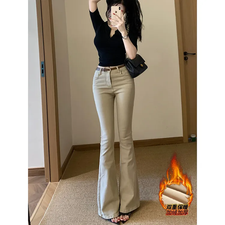 老钱风复古简约修身加绒微喇牛仔裤女2025年冬季新款高腰显瘦长裤