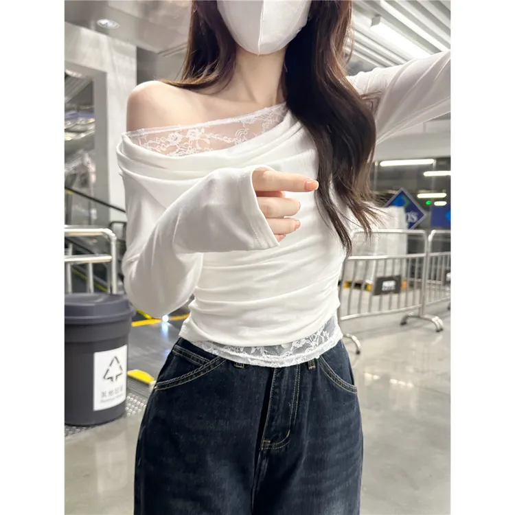 韩版ins潮纯色蕾丝拼接假两件长袖T恤女春秋季收腰内搭一字肩上衣