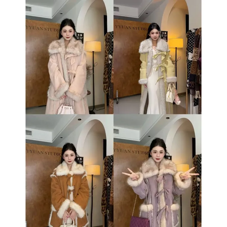 【YYUAN专属】2025新款韩系加厚长款立体蝴蝶结毛毛外套-2882