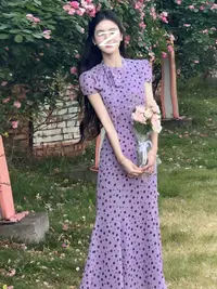 现621-6#法式气质优雅紫色波点连衣裙女夏季新款收腰显瘦长裙