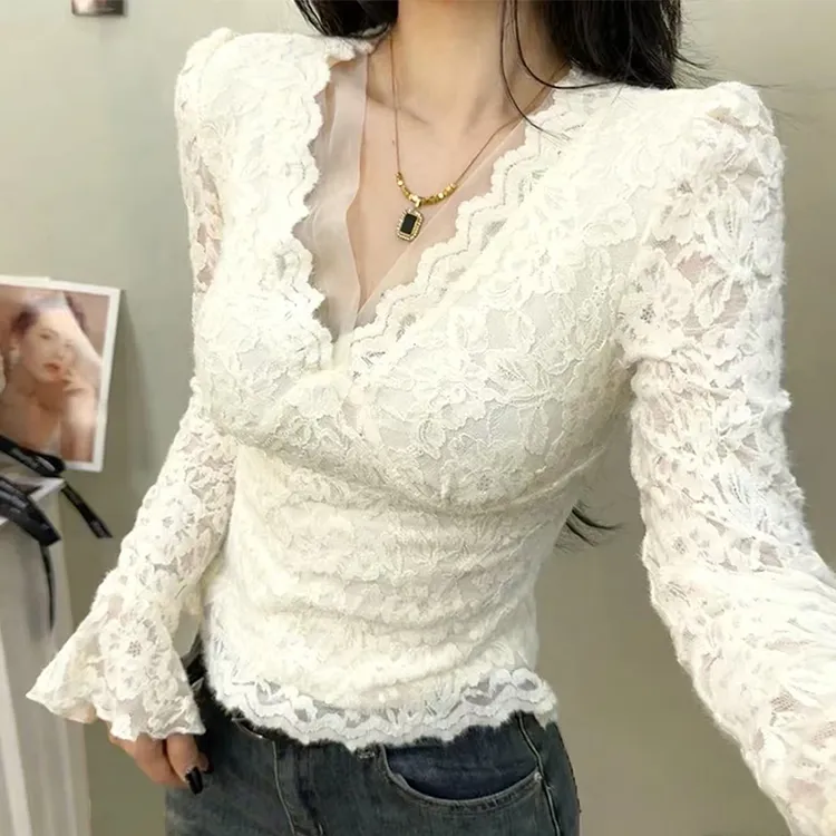 性感v领蕾丝加绒加厚打底衫女2025年秋冬季新款内搭气质上衣