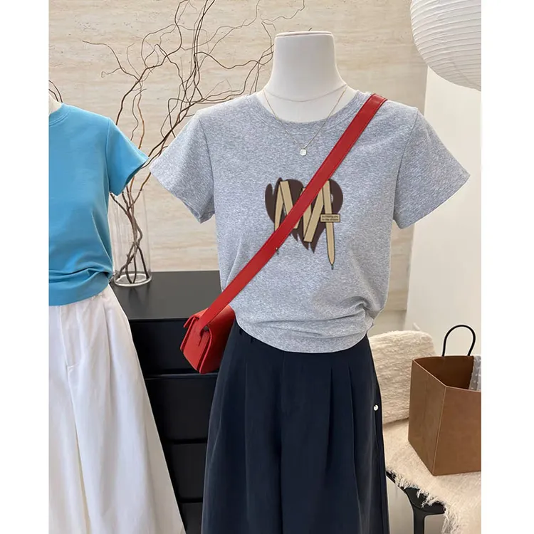 灰色修身正肩短袖t恤女装ins小众时尚百搭显瘦洋气上衣夏季T恤潮