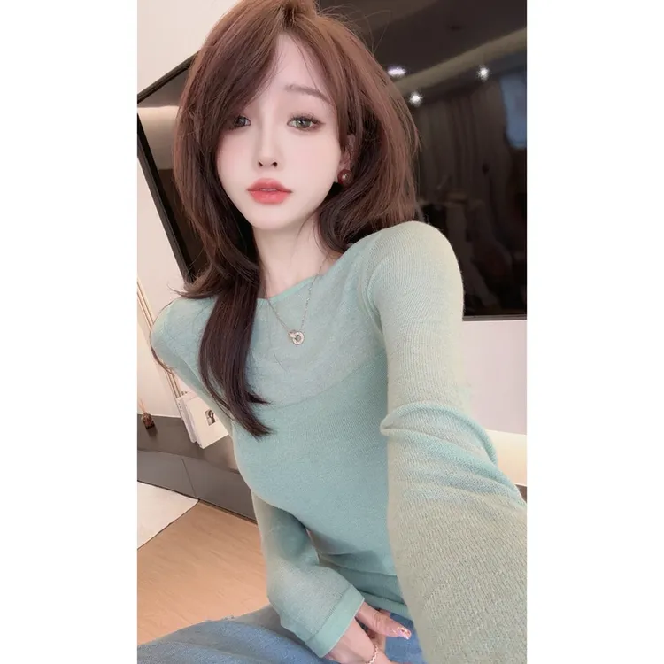 【CHEN】绿色小香风洋气女人味微透洋气上衣气质减龄长袖针织打底衫
