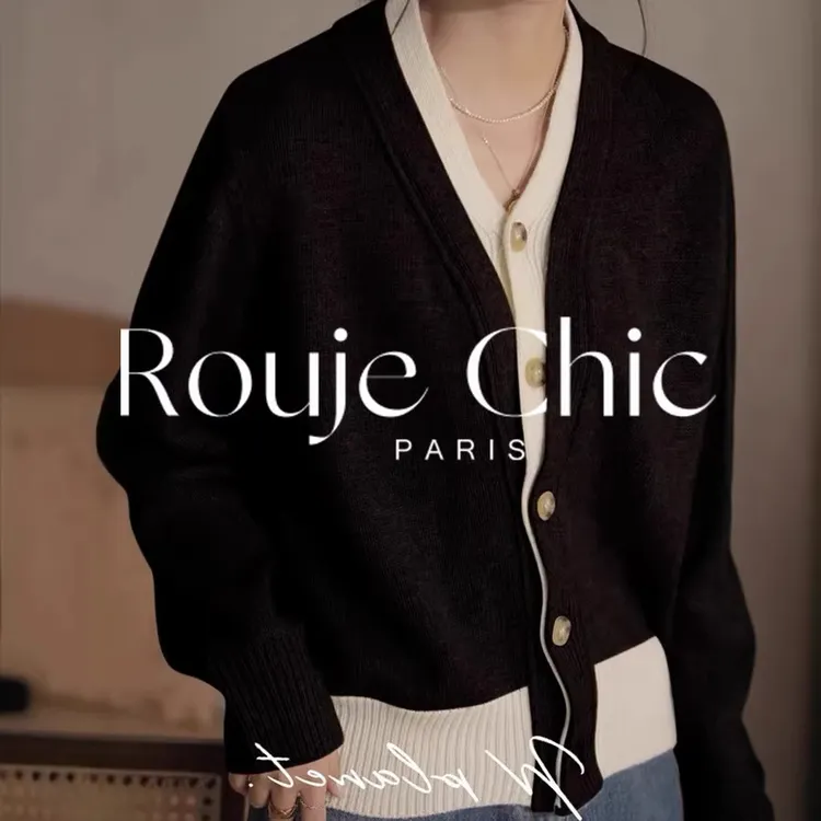 2025秋季复古撞色双层V领假两件针织衫女法式秋冬毛衣外套