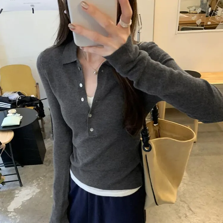 翻领针织女休闲风极简风假两件毛针织衫修身显瘦女装polo