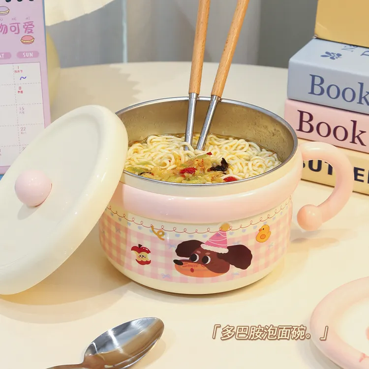 卡通多巴胺泡面碗带盖大容量女学生宿舍汤碗方便面304不锈钢饭盒