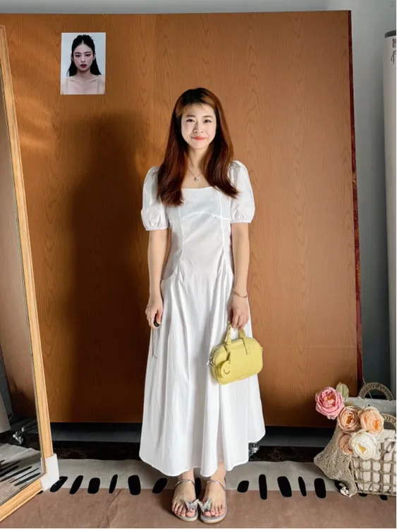 小个子【方领气质收腰连衣裙】夏季高弹显瘦连衣裙收腰款2576