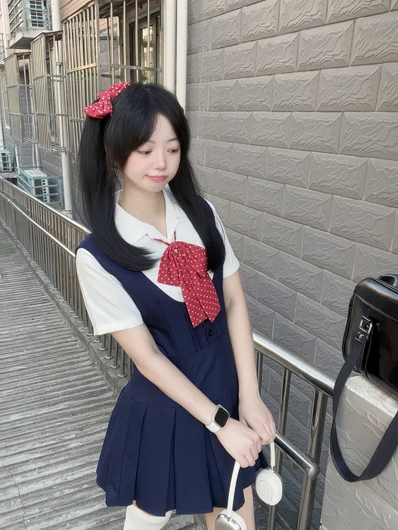 【林间萌象套装】收腰衬衫+背心裙+波点领结JK套装学院风连衣裙