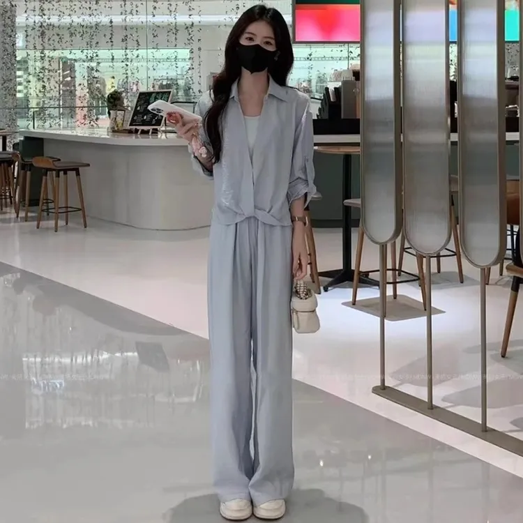 时尚套装女2025夏季新款洋气显瘦防晒衣衬衫背心阔腿裤时髦三件套