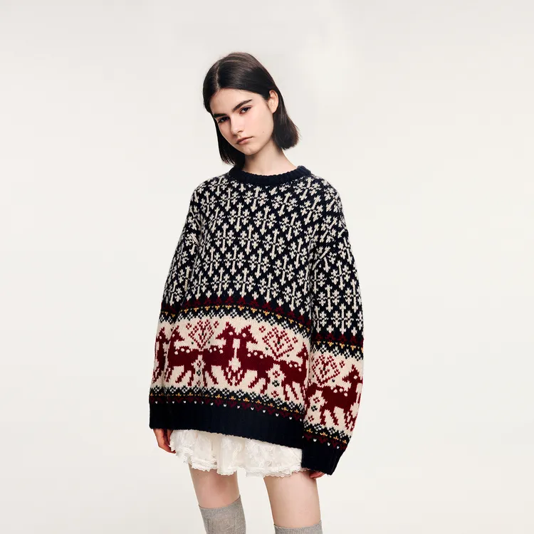 UOOYAA/乌丫2025冬季新款「魔法花园」复古小鹿纹样提花套头毛衫