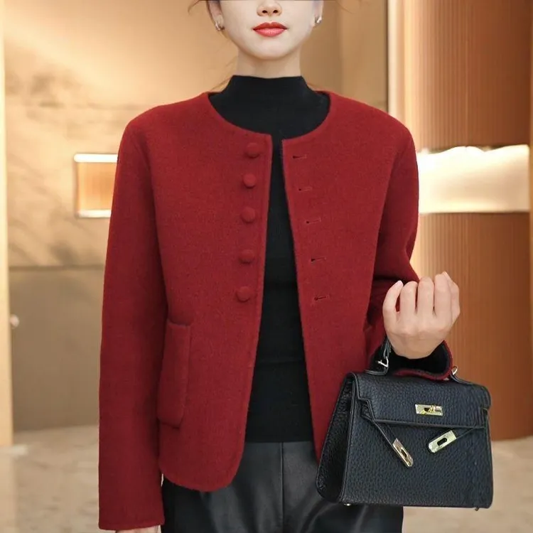 小香风双面羊大衣女2025秋冬季新款时尚高级感修身短款毛呢外套