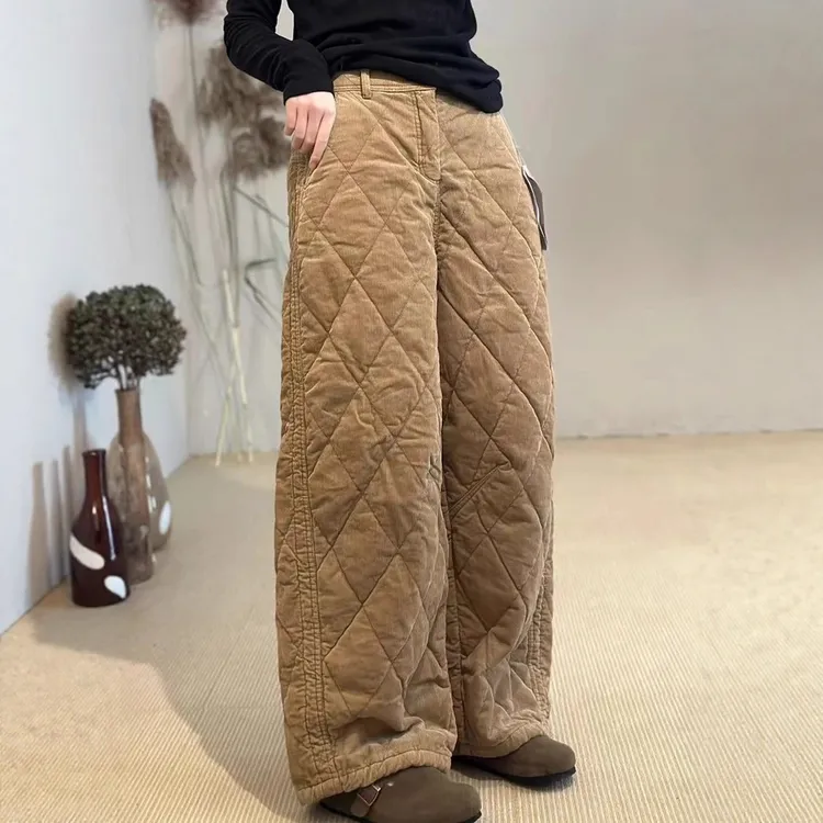 卡其色裤子保暖棉裤女2025新款冬复古百搭条绒夹棉加厚直筒阔腿裤