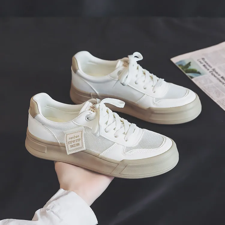 人本厚底女鞋2025新款夏季低帮板鞋网面透气小白鞋韩版休闲运动鞋