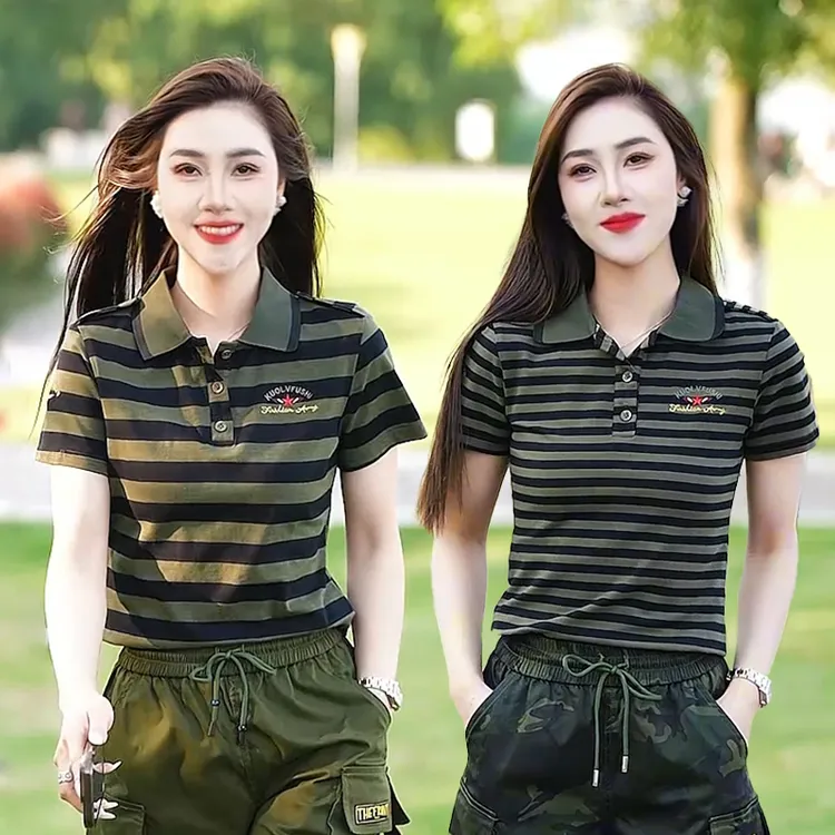 翻领条纹短袖t恤女夏季新款薄宽松修身时尚小众设计大码女士6657