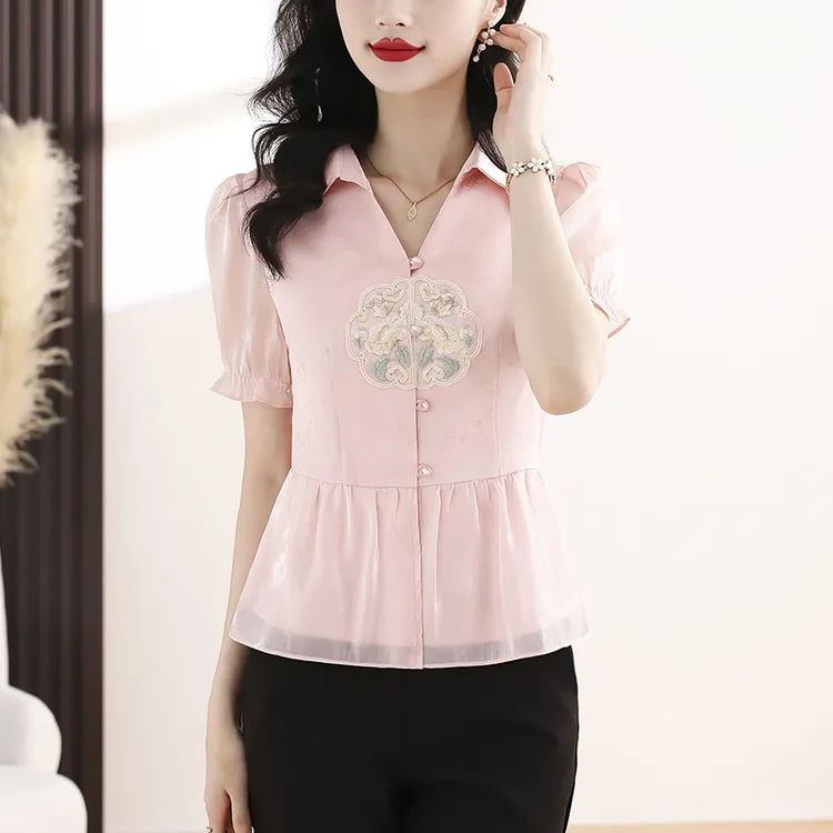 妈妈装新中式国风雪纺衬衫夏季新款2025刺绣小衫女士夏装短袖上衣