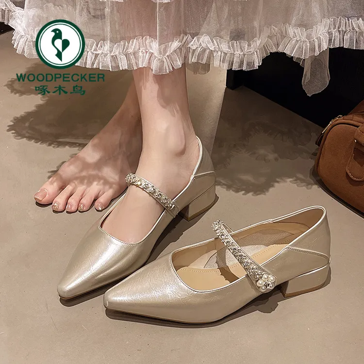 啄木鸟法式水钻一字带粗跟单鞋女绝美配裙子百搭尖头浅口玛丽珍鞋