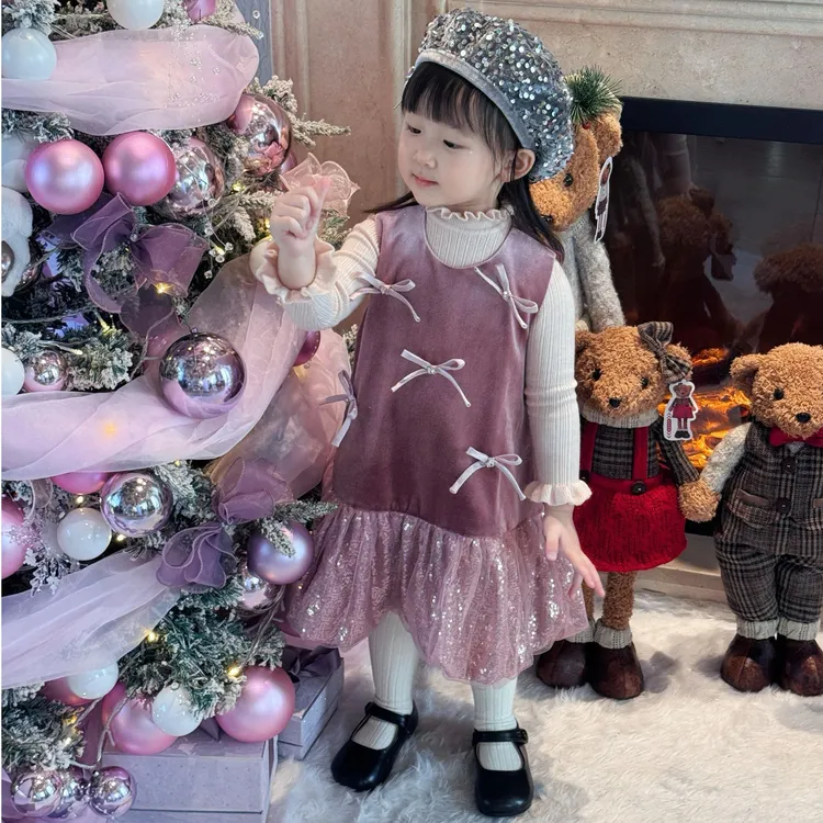 甜小七2025冬季新款韩版洋气蝴蝶结背心连衣裙花边打底衫女童套装