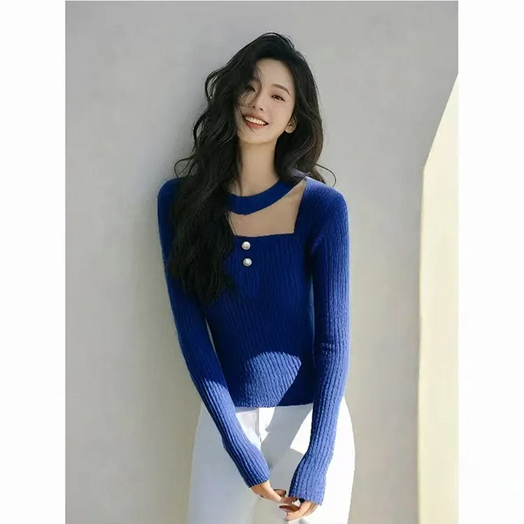 蓝色挂脖方领修身打底内搭毛衣女2025新款冬季高级小众不撞款上衣