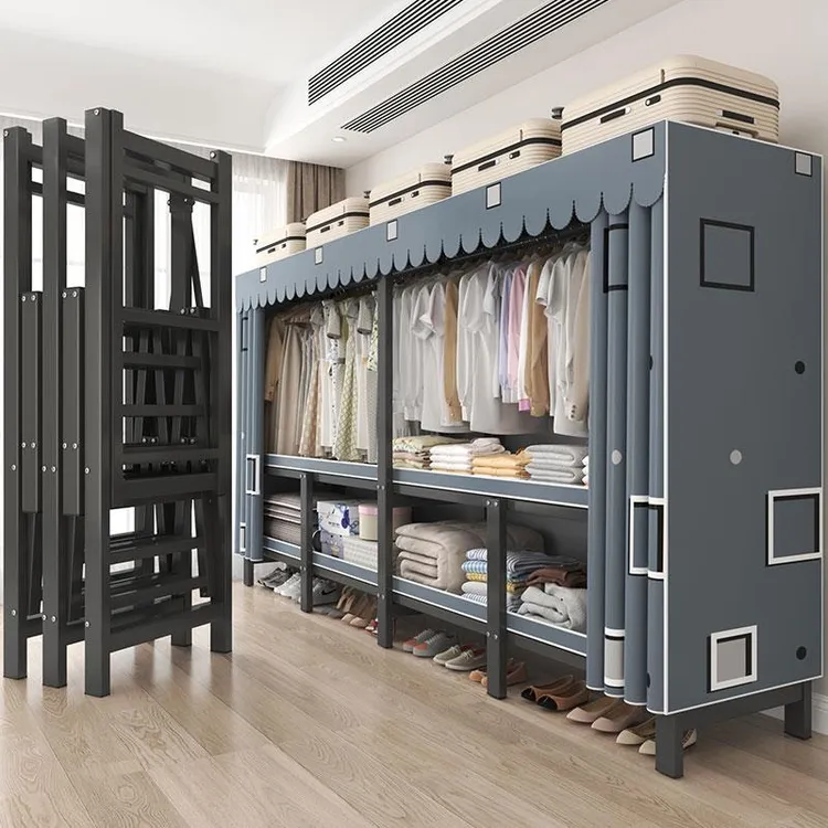 立构一体免安装折叠简易布衣柜卧室家用新款加厚加粗全钢架挂衣橱