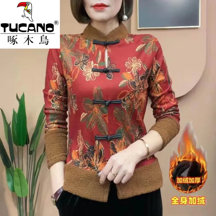 啄木鸟时尚妈妈装民族风盘扣设计洋气加绒打底衫中老年秋冬洋气复