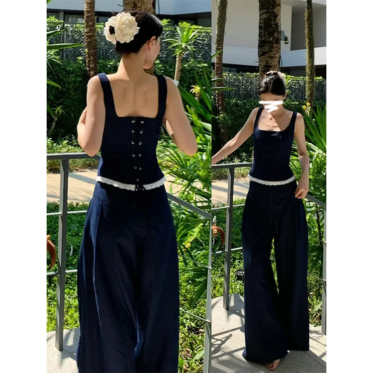 网红洋气时尚女装穿搭一整套夏季痞帅炸街风背心上衣阔腿裤两件套