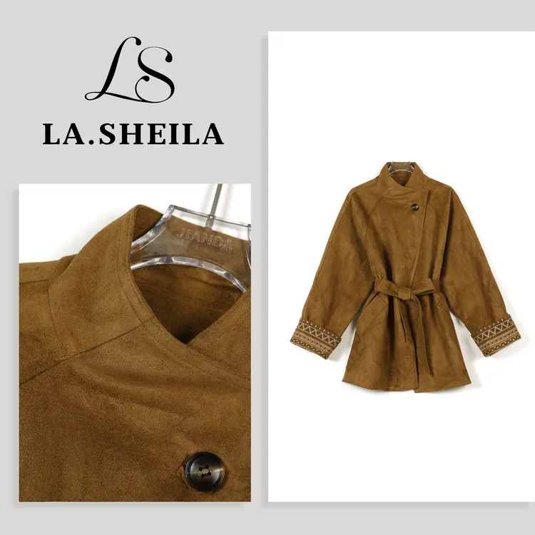 LA.Sheila“天鹅湖”高定麂皮绒立领腰带风衣外套253-FY/0825-80225