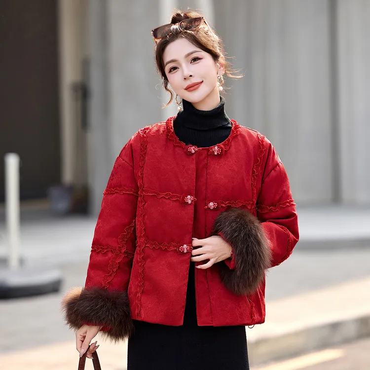 新中式国风盘扣羽绒服女2025冬季爆款真狐狸毛袖口洋气短款外套潮