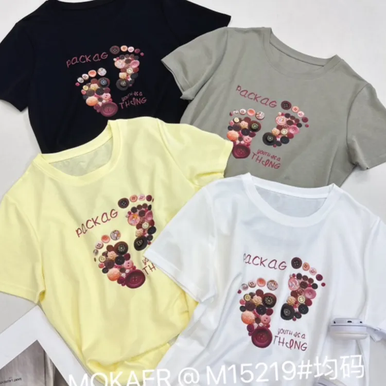 印花纯色圆领T恤宽松型均码常规短袖休闲卡通百搭