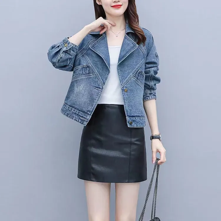 啊2025春秋新款牛仔外套女韩版大码女装宽松ins时尚领短款夹克