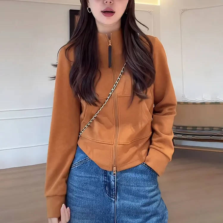 2025秋季新款女橘色立领卫衣时尚减龄修身显瘦短款外套开衫上衣