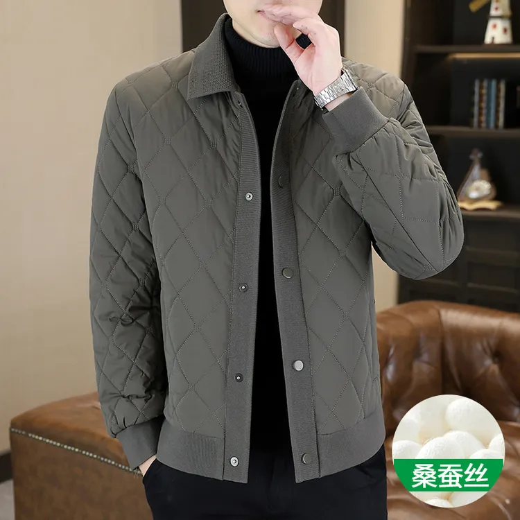 男士加厚翻领桑蚕丝夹克外套秋冬商务轻奢时尚外套2025休闲棉衣男