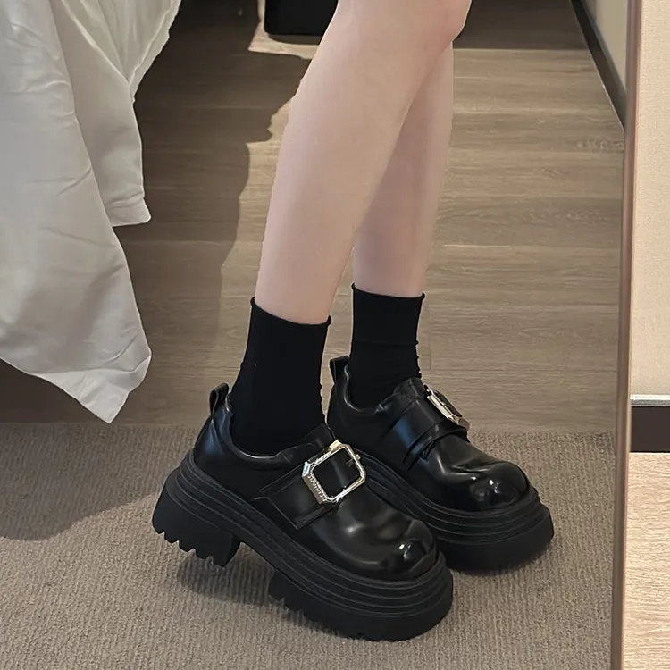 英伦风厚底乐福鞋女款2025新款春季百搭黑色粗跟jk单鞋松糕小皮鞋