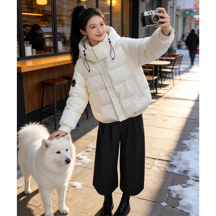 时尚立领抽绳哑光棉服套装女2026秋冬短款垂坠阔腿裤通勤舒适