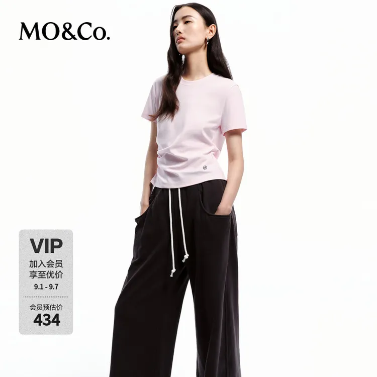 MOCO春MC金属标捏褶修身收腰棉质弹力短袖T恤MBD1TEEK10