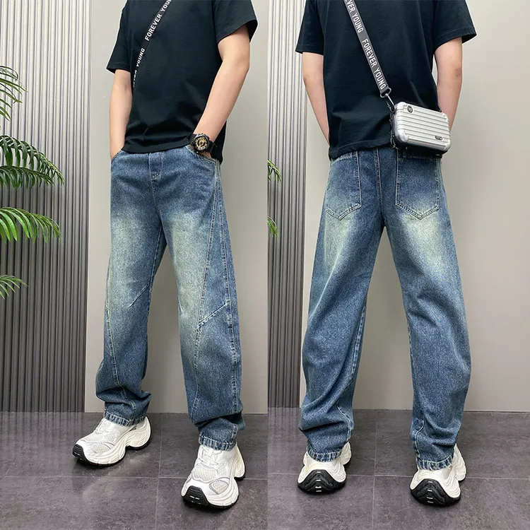 男士2025秋季美式复古做旧拼接直筒弯刀裤新款小众设计水洗牛仔裤