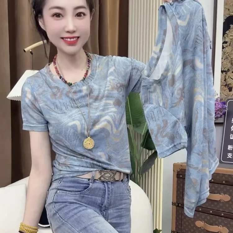 纤针织常规款T恤夏季抗皱常规套装圆领短袖通勤打底衫
