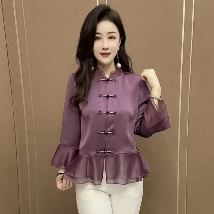 时尚薄款宽松型中老年女装夏季女装中国风立领衬衫