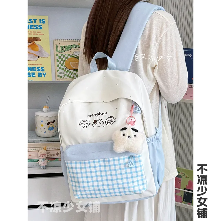 可爱卡通小猫小清新书包高中学生大容量双肩包波点撞色初中生背包