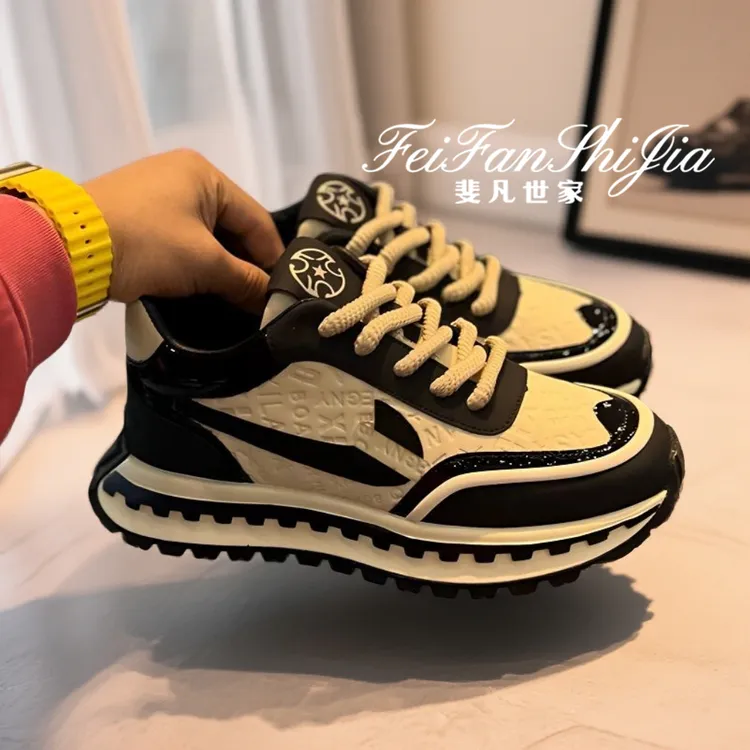 鞋子男爆款2025秋冬新款男士皮面压花拼色运动鞋软底增高百搭潮鞋