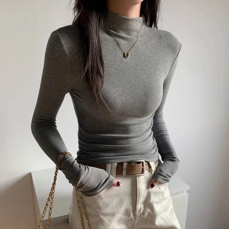 2025春秋冬半高领打底衫长袖t恤女正肩磨毛修身高级感弹力上衣服