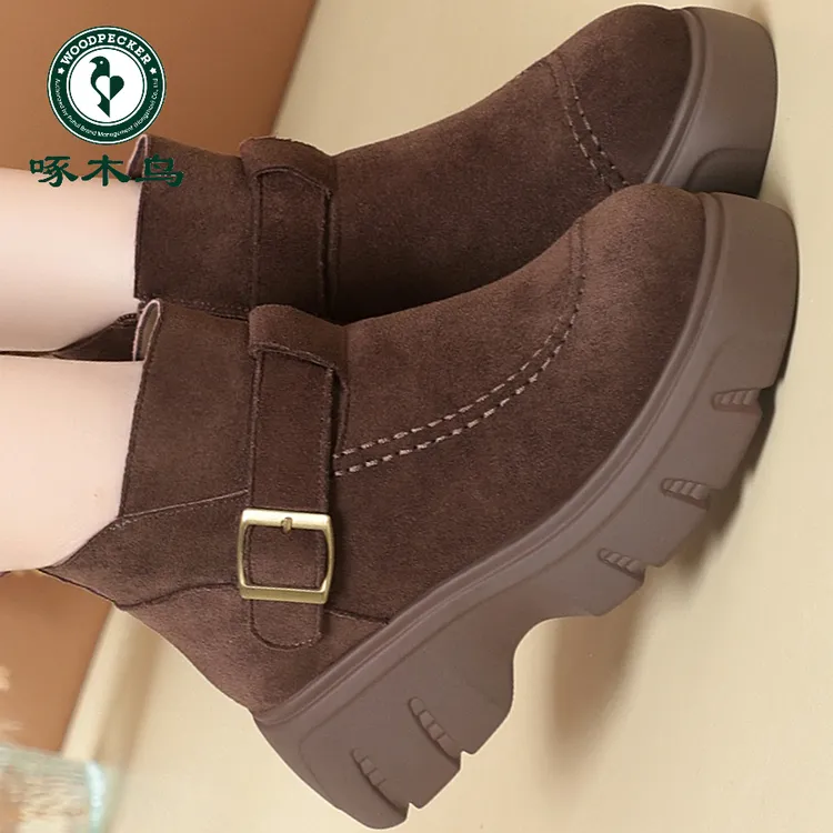啄木鸟时尚马丁靴加绒内里保暖秋冬女鞋高跟圆头厚底纯色妈妈短靴