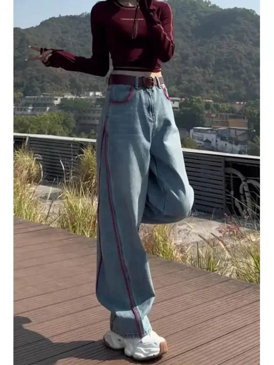 欧货撞色线条直筒牛仔裤春季新款大码高腰阔腿梨形显瘦宽松拖地裤