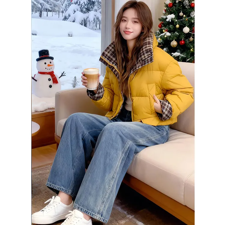 2025新款洋气减龄时尚高级感格纹棉服女撞色百搭显瘦外套