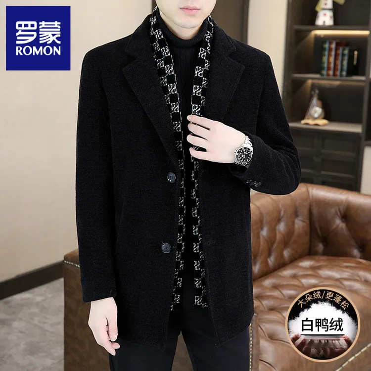 罗蒙毛呢大衣男士中长款秋冬设计感高端西装加绒内胆条纹风衣保暖