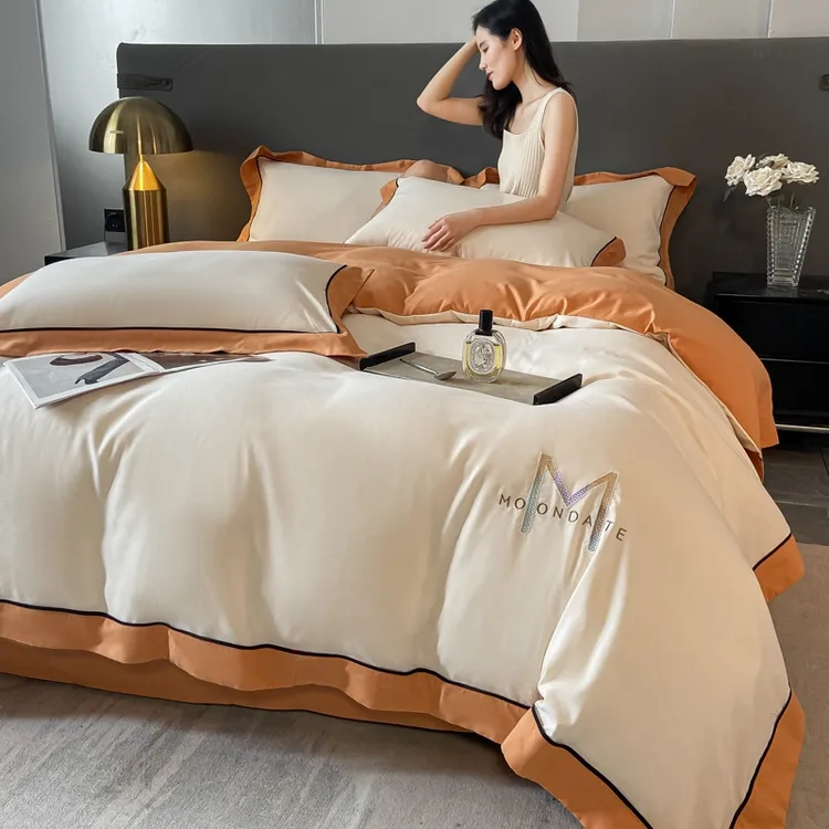 富安娜轻奢全棉四件套高级感简约刺绣被套纯棉床单床笠床上用品