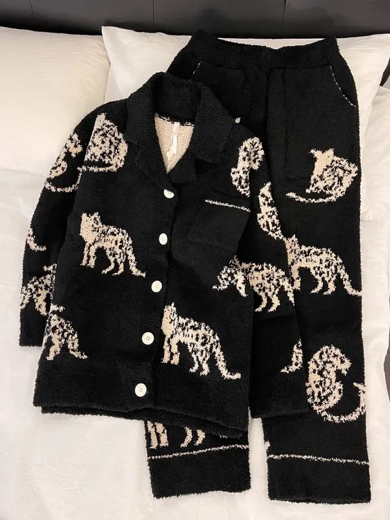 【DMXJ大梦想家】气质休闲风豹纹半边绒睡衣女秋冬季加厚家居服套装