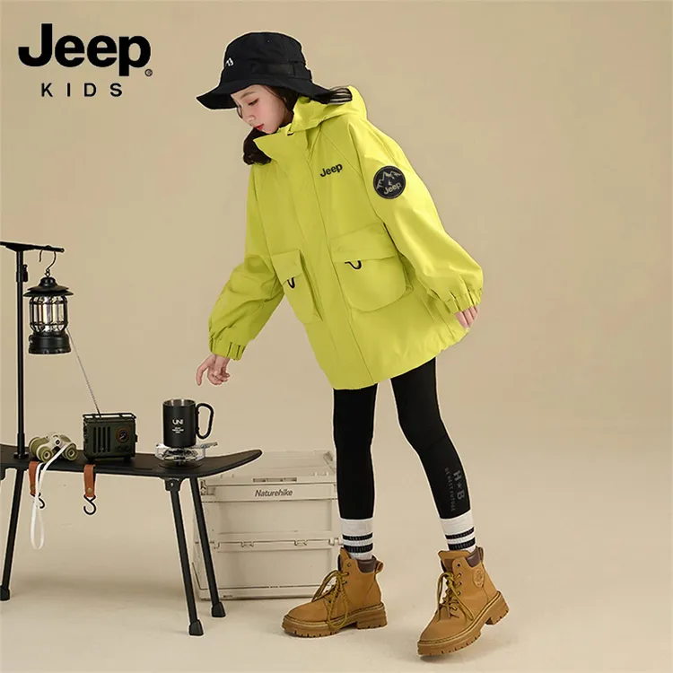 jeep童装女童连帽时尚休闲外套春秋男童冲锋衣中大童防风运动上衣